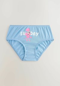 Sous-vêtements bleu clair pour femmes avec un caniche rose dessiné et le mot « SUNDAY » en lettres blanches sur le devant.