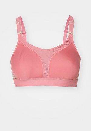 Lys rosa trenings-BH med mesh-front, justerbare stropper og en glatt tekstur. Har et logodesign på siden.