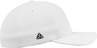 White fitted cap with a rounded crown, flat brim, and a small black logo on the side. Smooth fabric texture with no visible patterns.