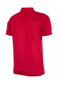 Rode polo shirt gemaakt van gladde stof, met een klassieke kraag, korte mouwen en een rechte zoomlijn op de taille.