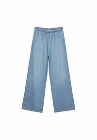 Ljust blå denimbyxor med vida ben, elastisk midjeband, dragsko och sidofickor. Tyget har en slät textur och en ren fåll.