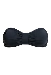 Black bandeau bikini top with gathered fabric, seamless design, and soft texture. No hardware or fastenings visible.