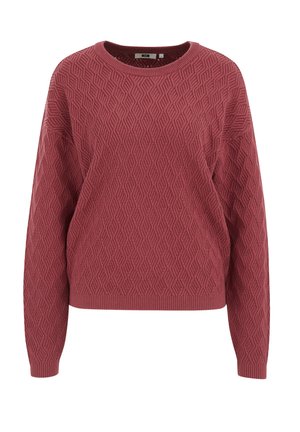 Pull en maille rouge avec un motif en diamant texturé, des poignets et un ourlet côtelés, et un col ras du cou. Fabriqué dans un matériau doux et léger.