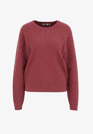 Czerwony sweter z dzianiny z wypukłym wzorem w diamenty, ribbowanymi mankietami i dołem, oraz okrągłym dekoltem. Wykonany z miękkiego, lekkiego materiału.