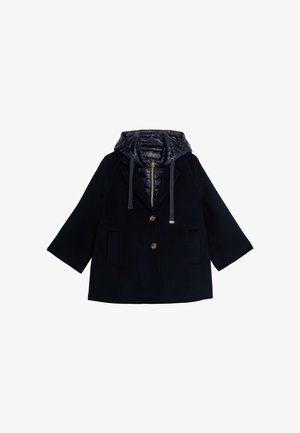 Marineblauer Wollmischmantel mit einer gesteppten Marinekapuze, goldfarbenem Reißverschluss und Knöpfen, weiten Ärmeln und zwei vorderen Taschen.