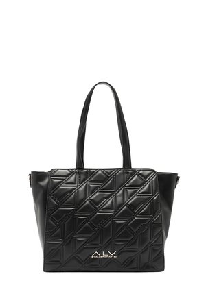 Borsa tote nera in materiale sintetico trapuntato. Presenta motivi geometrici, doppie maniglie e un dettaglio logo dorato alla base.