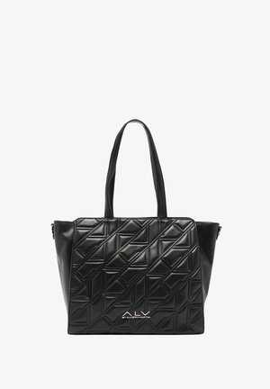 Zwarte draagtas gemaakt van gewatteerd synthetisch materiaal. Heeft geometrische patronen, dubbele handvatten en een gouden logo-accent aan de basis.