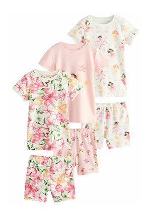 Set di cinque pigiami per bambini con motivi floreali, in morbido cotone, colori pastello e un mix di pantaloni corti e magliette a maniche corte.