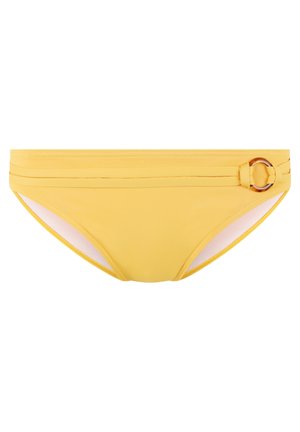 Yellow bikini bottom with a smooth texture, featuring two horizontal stripes and a circular accent detail on the side.