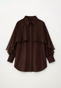 Dark brown long-sleeve blouse with layered ruffle detail across chest and sleeves, pointed collar, and buttoned cuffs.