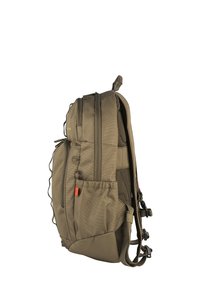 Zaino khaki realizzato in tessuto resistente, con più scomparti con cerniera, tasca laterale in rete e spallacci regolabili.