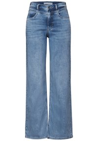 Ljusblå vida jeans i denimtyg, med knappstängning, fem fickor och sömnadsdetaljer längs sömmarna.