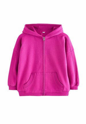 Ryškiai rožinis gobtuvas su užtrauktuku, priekyje kišenės, ribbintais rankogaliais ir juosmeniu bei pritvirtintu gobtuvu, rodomas ant balto fono.