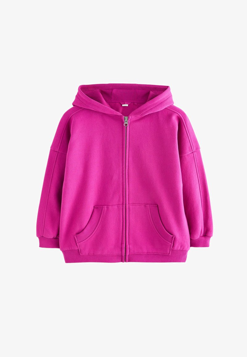 Sweat à capuche zippé rose vif avec poches avant, poignets et taille côtelés, et capuche attachée, présenté sur un fond blanc.