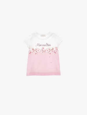 T-shirt bianca e rosa con ricami floreali e testo "Monnalisa". Maniche corte, tessuto morbido, parte inferiore rosa chiaro, dettagli decorativi.