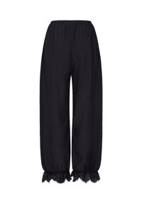 Pantalon noir ample avec taille élastique et bordure en dentelle aux poignets, présenté sur fond blanc.