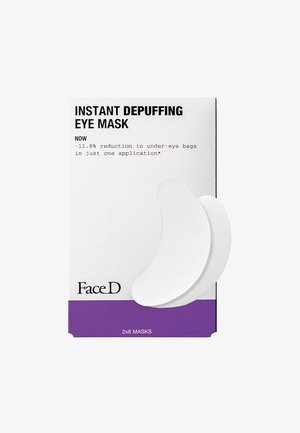 Weiße Augenmasken-Pads in einem mondförmigen Verpackungsdesign, mit fettem schwarzen Text auf weißem Hintergrund und einem lila Akzent am unteren Rand.