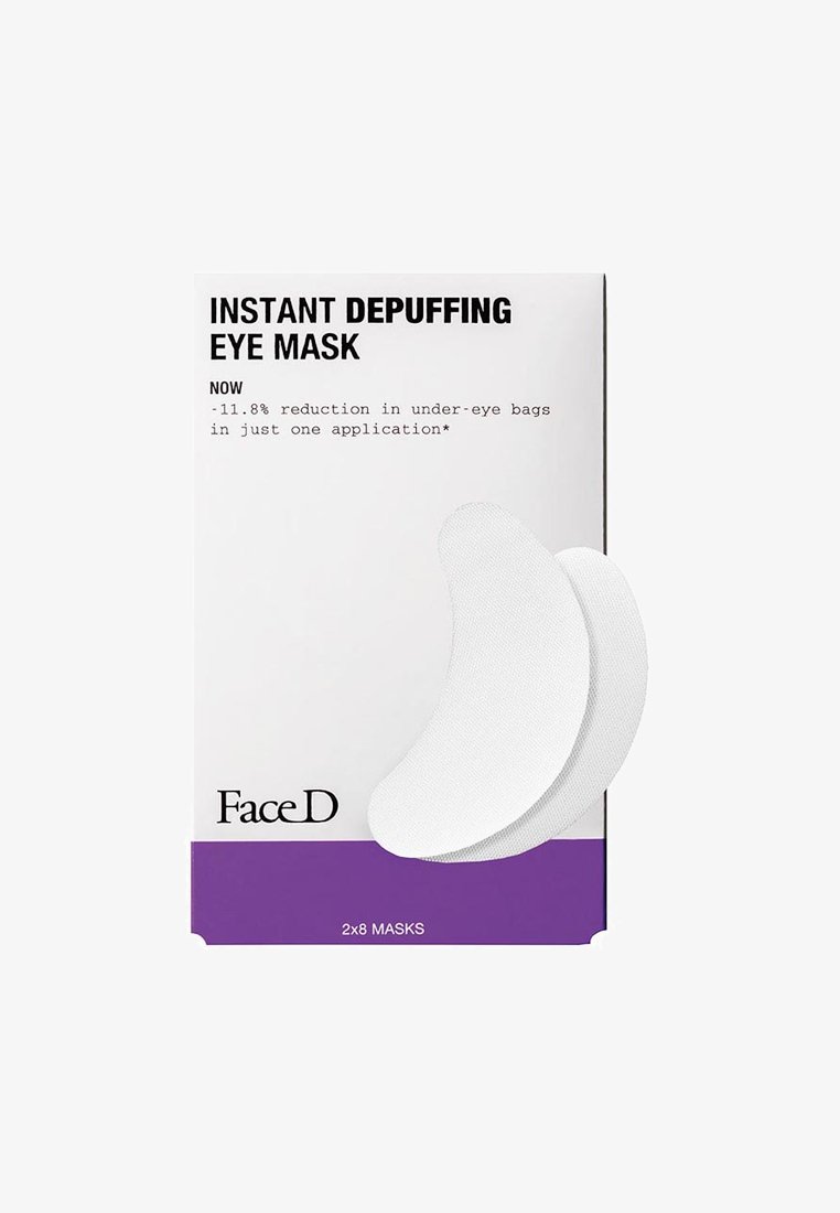 Pezzi di maschere per gli occhi bianche a forma di mezzaluna in confezione, con testo nero audace su sfondo bianco e un accento viola nella parte inferiore.