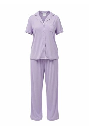 Fliederfarbenes Pyjama-Set mit kurzärmeligem, zum Knöpfen geeignetem Oberteil und weit geschnittenen Hosen aus weichem, strukturiertem Stoff. Mit einer einzelnen Brusttasche ausgestattet.