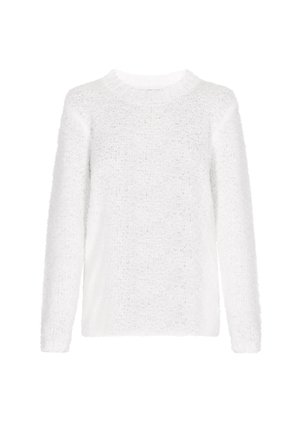 Biały długi sweter z długim rękawem, wykonany z puszystego materiału. Posiada okrągły dekolt i luźny krój z miękką, teksturowaną powierzchnią.