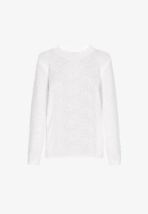 Biały długi sweter z długim rękawem, wykonany z puszystego materiału. Posiada okrągły dekolt i luźny krój z miękką, teksturowaną powierzchnią.