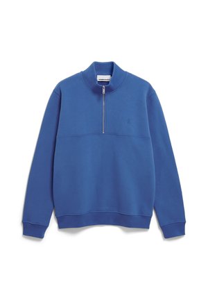 Blauwe pullover sweatshirt van zachte stof. Voorzien van een halve rits, hoge kraag en een tonale logo op de borst. Heren met een gladde textuur en een relaxte pasvorm.