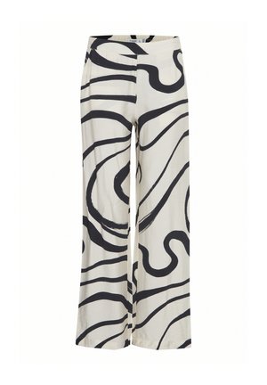 Platus kelnes, pagamintas iš lengvos medžiagos, su kreminės spalvos pagrindu ir drąsiais juodais abstrakčiais spiralių raštais bei elastinga juosmens juosta.