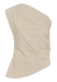 Beige, one-shoulder garment made of soft fabric, featuring gathered texture on one side and a flowing silhouette with a sharp hem.