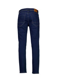 Granatowe dżinsy w prostym kroju, z dwoma tylnymi kieszeniami, skórzaną naszywką na pasku i czystym wykończeniem dołu.