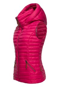 Fuchsia puffer vest met een capuchon, met een gewatteerd ontwerp, ritssluitingen en een getailleerd silhouet. Soepele textuur en lichtgewicht materiaal.