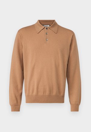 Brown knit polo sweater with a classic collar, four buttons, and ribbed cuffs. Smooth texture, fitted design, suitable for casual wear.
