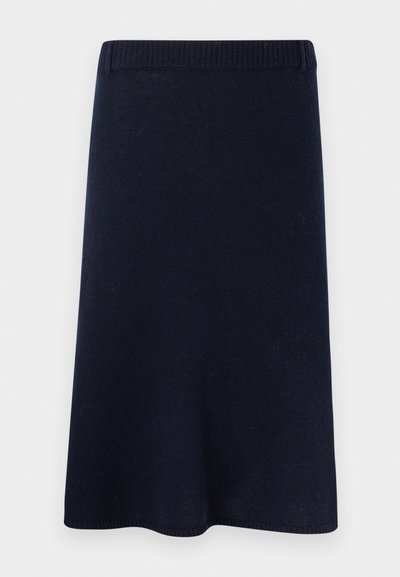 Saia de malha azul-marinho com uma cintura canelada, forma fluida, textura suave e acabamento liso, adequada para vestuário casual ou formal.