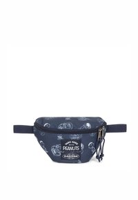Sac banane bleu marine avec imprimé personnage de dessin animé blanc, fermeture zippée, bandoulière réglable et étiquette de marque à l'avant. Tissu durable.