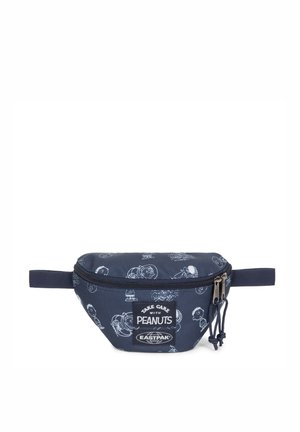 Sac banane bleu marine avec imprimé personnage de dessin animé blanc, fermeture zippée, bandoulière réglable et étiquette de marque à l'avant. Tissu durable.