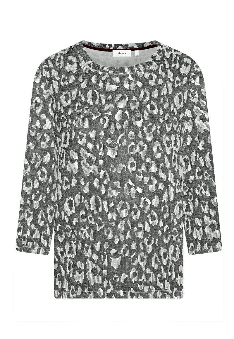 Grauer Strickpullover mit Dreiviertelärmel, der ein schwarz-weißes Leopardenmuster aufweist. Rundhalsausschnitt mit einer weichen Textur.