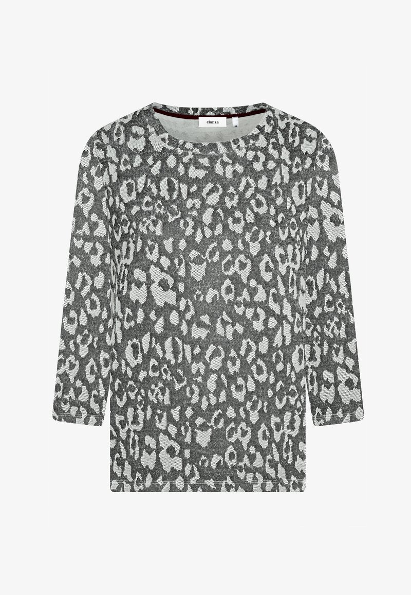 Grauer Strickpullover mit Dreiviertelärmel, der ein schwarz-weißes Leopardenmuster aufweist. Rundhalsausschnitt mit einer weichen Textur.