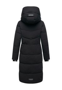 Black puffer coat with a quilted design, hood, and long sleeves. Features a label at the back and elastic cuffs for a snug fit.