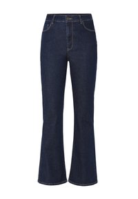Jeans svasati blu scuro con vita alta, realizzati in denim. Presentano cuciture a contrasto e tasche frontali e posteriori standard.