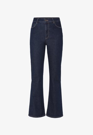 Jeans evazați de culoare albastru închis, cu talie înaltă, fabricate din denim. Prezintă cusături în contrast și buzunare frontale și posterioare standard.