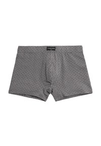 Boxer shorts grises con un patrón suave, que presentan un diseño de pequeños rombos en color burdeos y una etiqueta de marca en la cinturilla.