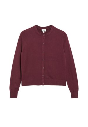 Cardigan bordeaux à manches longues, boutonné, avec poignets et ourlet côtelés, posé à plat sur un fond blanc.