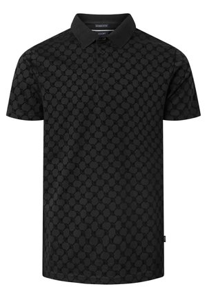 Schwarzes Polohemd mit kurzen Ärmeln, feinem dunklem Kreis-Muster, einer dreiknöpfigen Knopfleiste und klassischem Kragen.