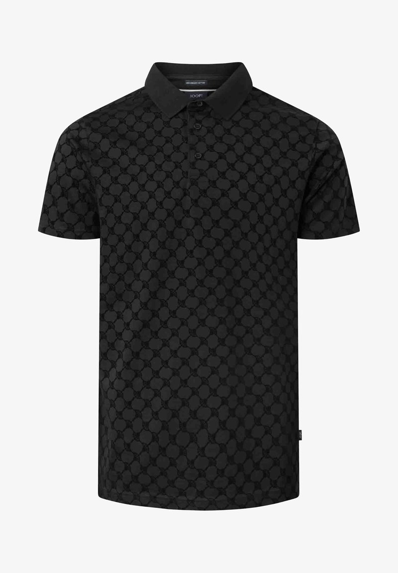 Polo noir à manches courtes avec un motif circulaire sombre subtil, une patte à trois boutons et un col classique.