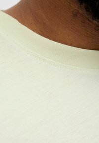 Lysegrøn bomuld t-shirt krave med ribbet tekstur og glat overflade, der viser subtile syninger og ingen synlige mønstre.