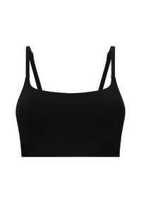 Schwarzes, kabelloses Bralette mit verstellbaren Trägern, glatter Textur und nahtlosem Design. Verfügt über einen breiten Unterband für Unterstützung.