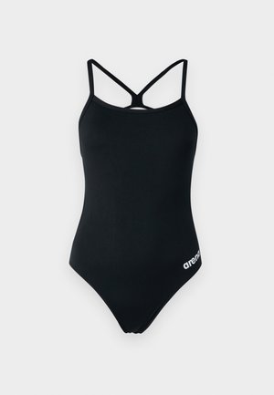 Czarny jednoczęściowy kostium kąpielowy z cienkimi skrzyżowanymi ramiączkami na plecach i białym logo "arena" po lewej stronie u dołu, na jednolitym tle.