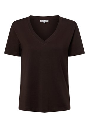 Czarna koszulka z krótkim rękawem i dekoltem w serek, z małą białą metką na tylnej części kołnierza, rozmiar small, prosty design.