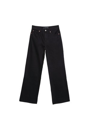 Schwarze Denim-Hosen mit weitem Bein, hohem Bund, sichtbaren Nähten und vier Taschen. Der Stoff hat eine weiche, glatte Textur mit minimalem Glanz.