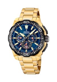 Montre en acier inoxydable doré avec un cadran bleu, fonctions chronographe, lunette noire et index lumineux. Résistante à l'eau jusqu'à 20 bars.