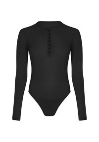 Zwarte lange mouw bodysuit van glad materiaal, met een ronde halslijn en een voorpaneel met zeven knopen. Strak model aan de onderkant.